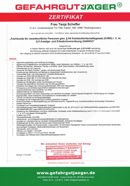 Zertifikat für Fachkunde gem Paragraph 54 Kreislaufwirtschaftsgesetz