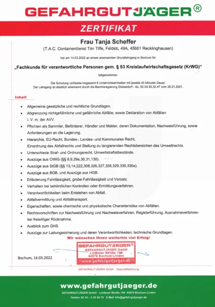 Zertifikat für Fachkunde gem Paragraph 63 Kreislaufwirtschaftsgesetz