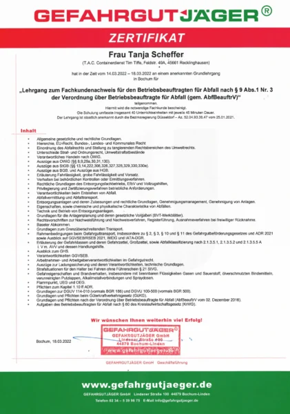 Zertifikat für Fachkunde gem Paragraph 9 Verordnung Betriebsbeauftragte